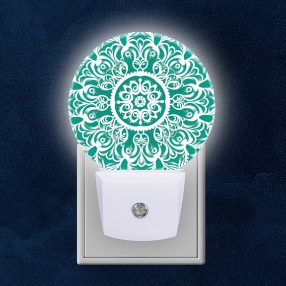 Round LED Night Lights Lamp with Dusk to Dawn Sensor, White Lace MandalOn Green Background Night Light Plug Into Wall for Kids Room, Bedroom, Bathroom, Kitchen, Hallway