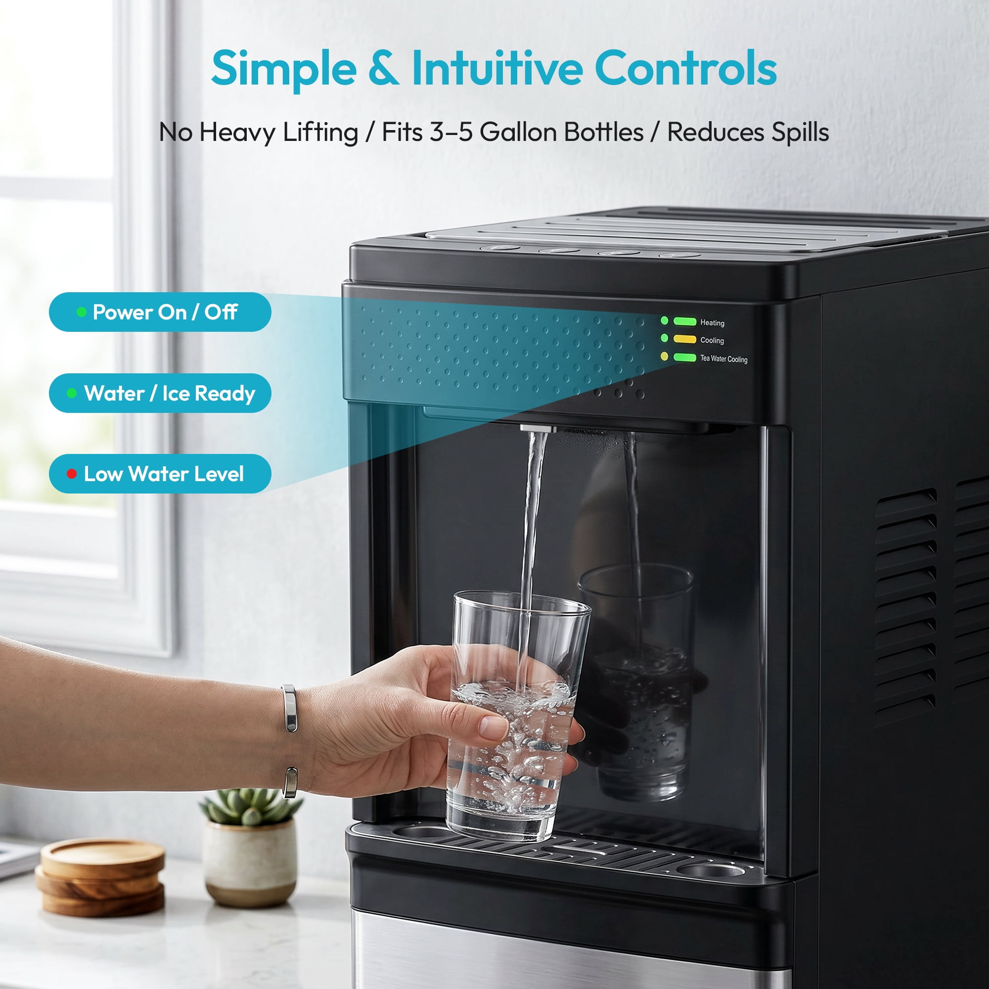 EUHOMY 4-in-1 Water Dispenser with Ice Maker, Cold Hot & Room Temperature Water, Child Safety Lock, Compatible with 3–5 Gallon Bottles for Home/Office, Black and Silver