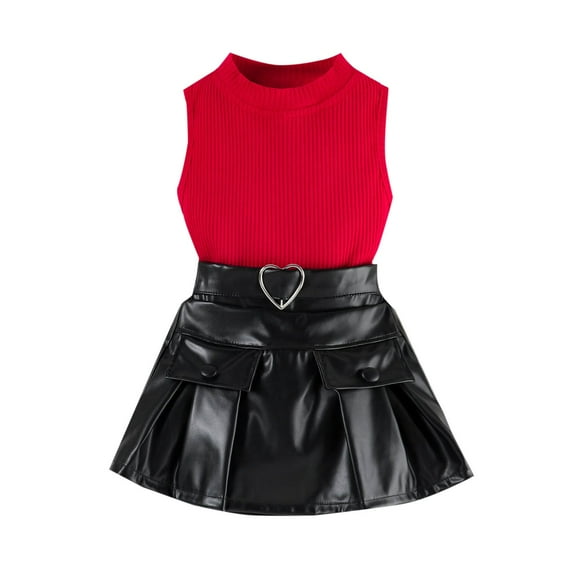 ZACPNCV Girl's 2 Piece Outfits Ruffle Trim Tee Top with PU Leather Belted Skirt Red 3-4 Years