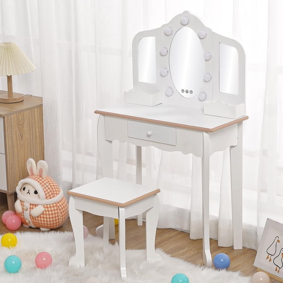 Princess Vanity Set for Toddlers - Kids Vanity with 3 Mirror & Light, and Stool, White