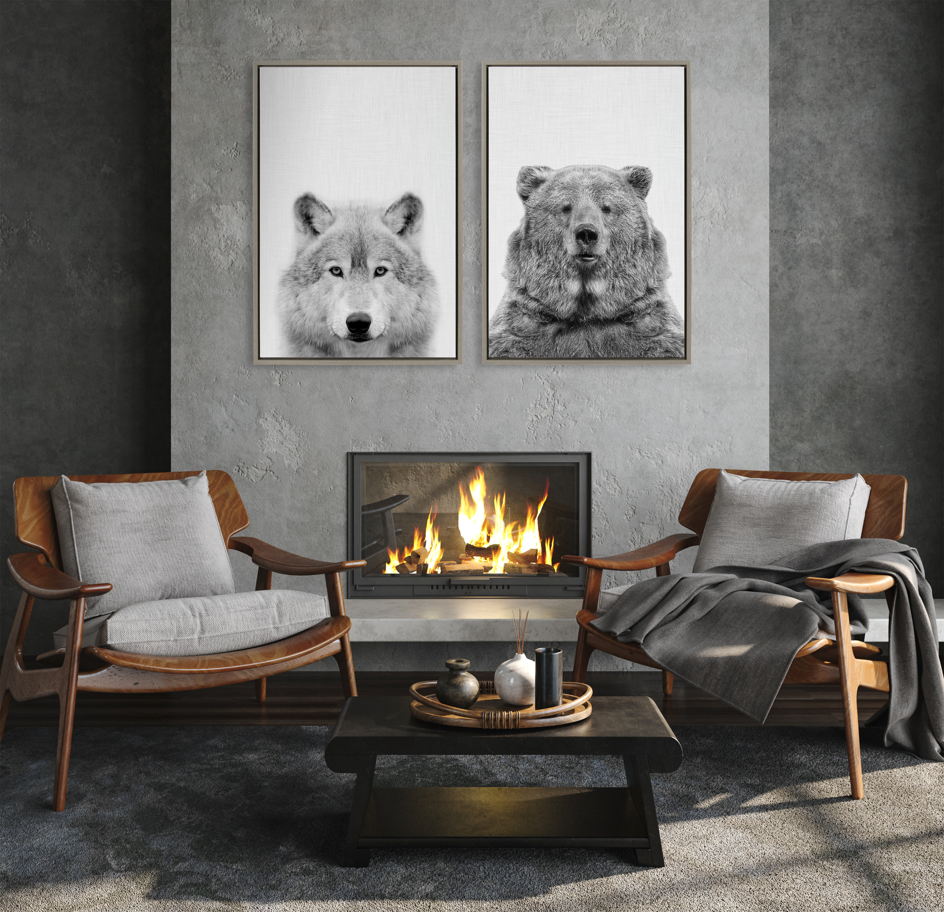 Kate and Laurel Sylvie Wolf and Bear European Framed Canvas Wall Art Set by Simon Te of Tai Prints, 2 Piece 23x33 Gray, Modern Nature Animals Art for Wall Home Decor