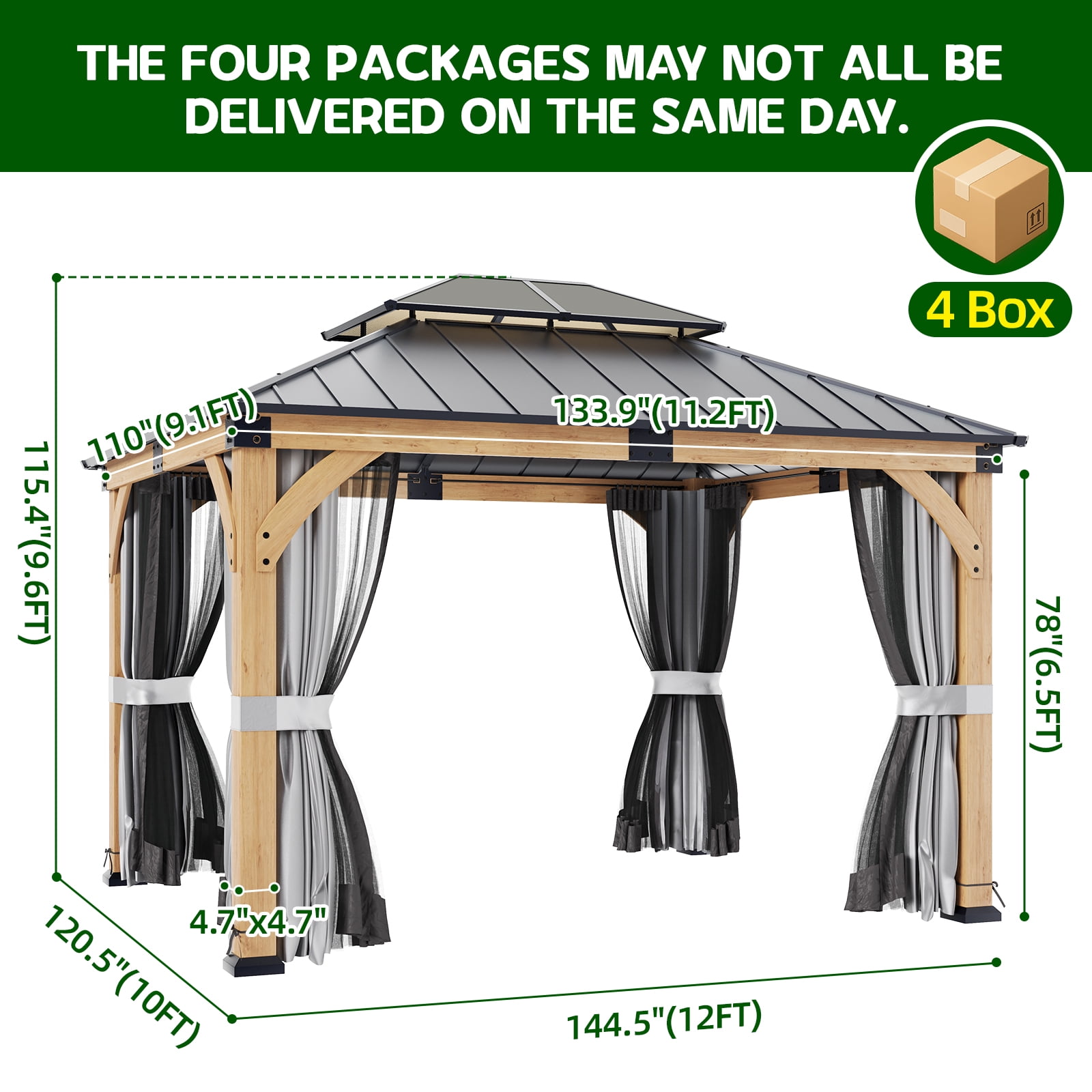 10x12 ft Cedar Wood Gazebo with Mosquito Netting & Hardtop Steel Roof