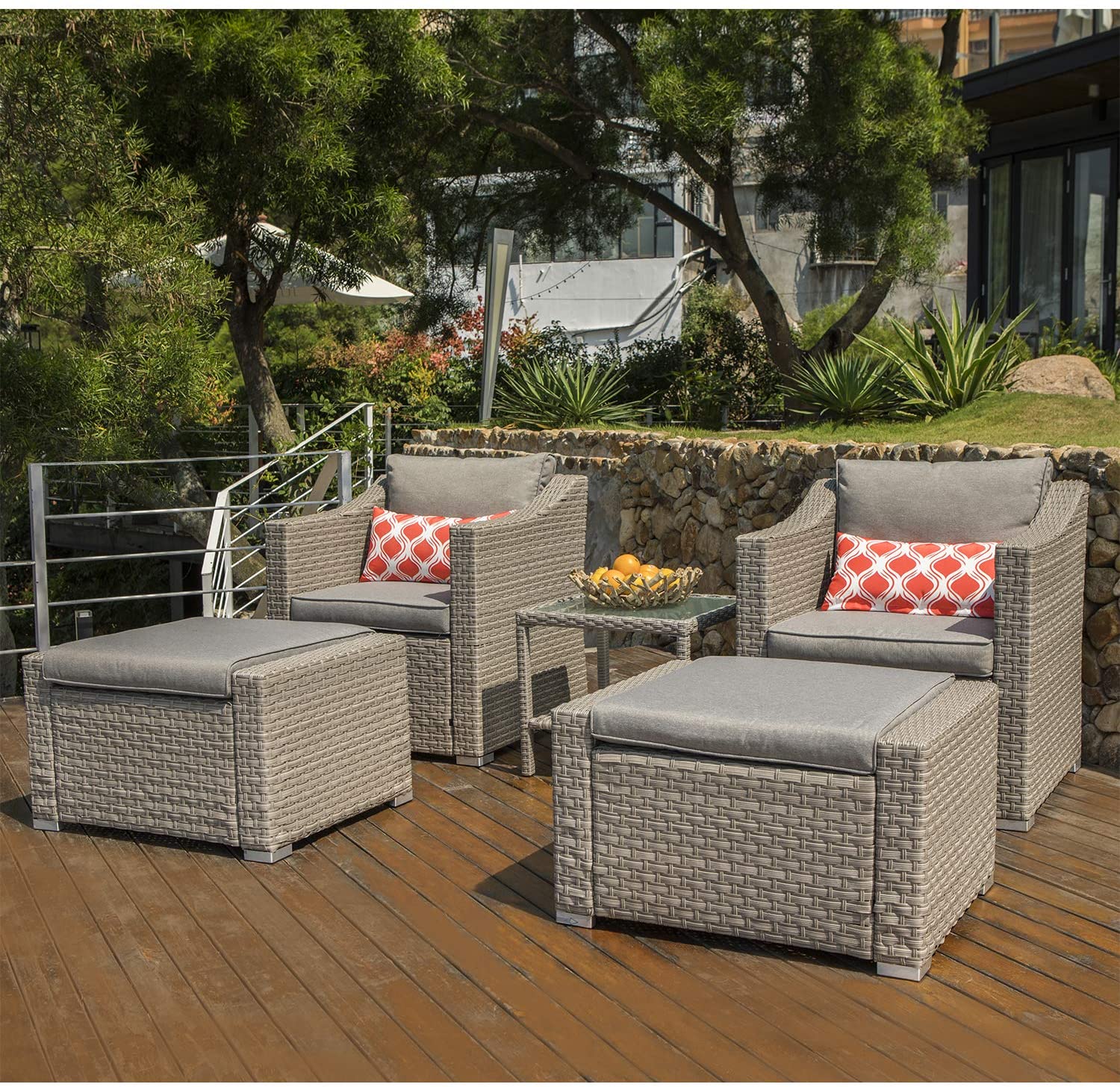 COSIEST 5-Piece Outdoor Furniture Lounge Set Warm Gray Wicker Sectional Sofa with Thick Cushions, Glass-Top Table, 2 Ottomans, 2 Coral Pattern Pillows - image 3 of 6