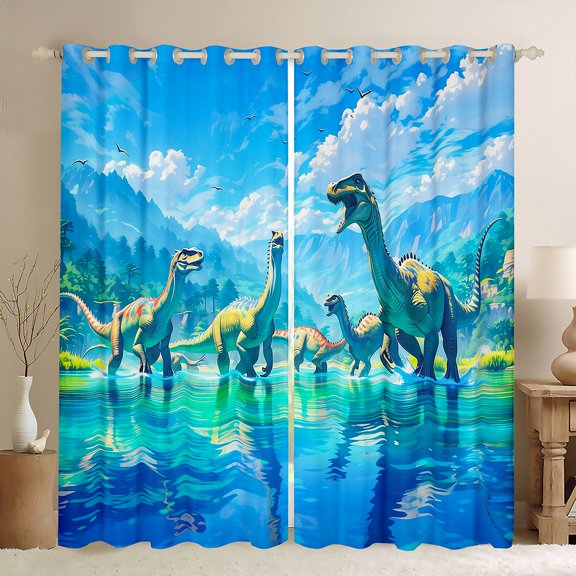 Feelyou Lake Watercolor Long Neck Dinosaurs Black Out Curtains for Boys Girls, Prehistoric Wildlife Curtains Pack of 2 (42x63 Each), Blue