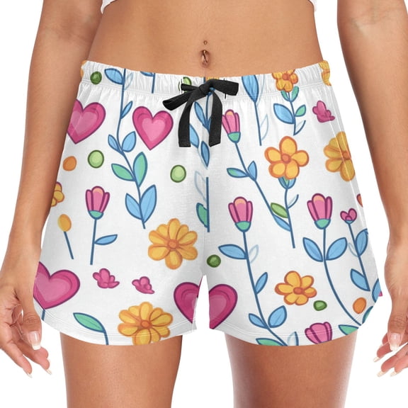 Women's Soft Sleep Shorts Relaxed Fit Lounge Pajama Bottoms Shorts for Women Pajama for Home and Comfort Colorful Hearts and Flower