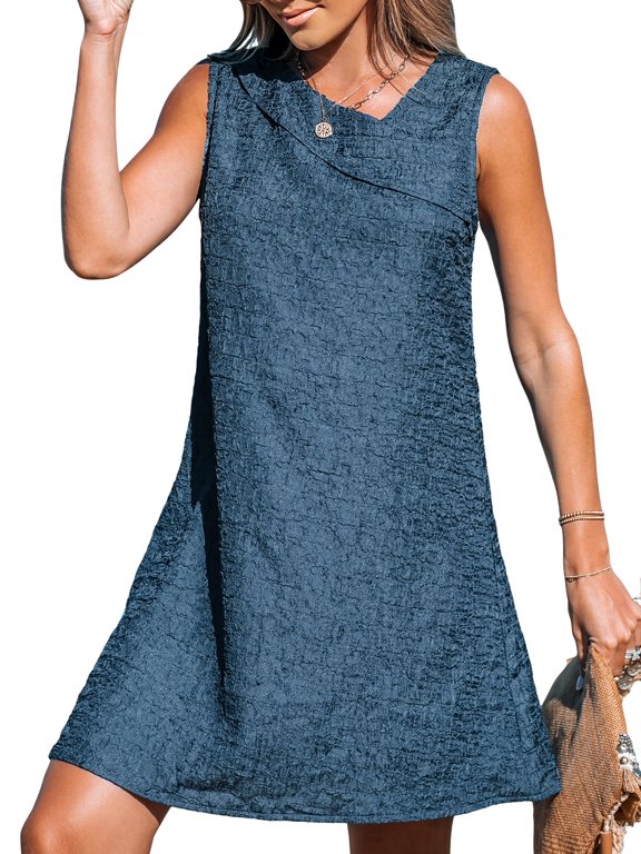 Women's Casual Mini Dress Foldover V Neck Sleeveless A Line Summer Dresses