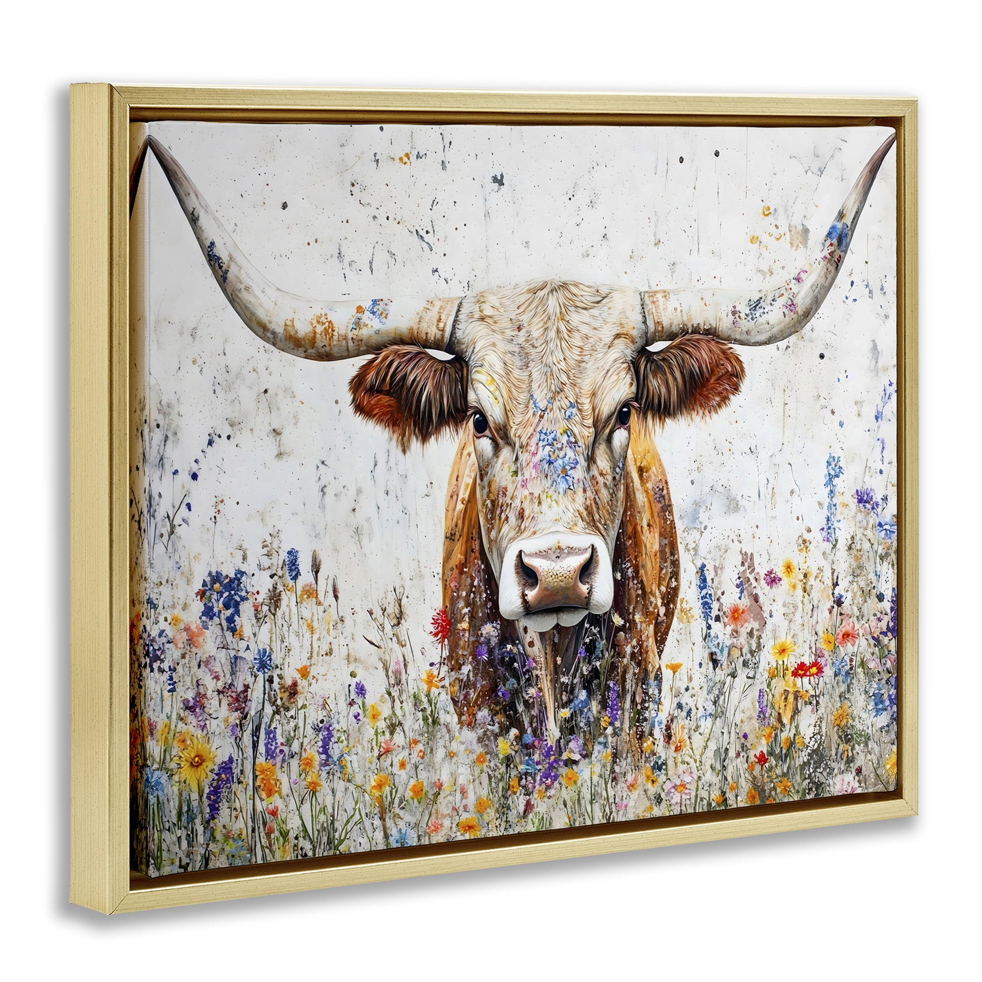 Stupell Industries Texas Longhorn Speckled Flowers Animals Painting Gold Floater Framed Canvas Art Print Wall Art, 31 x 25