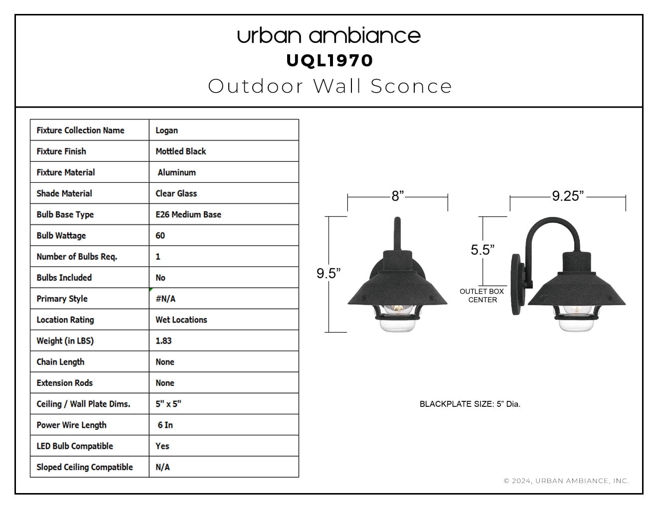 Luxury Utilitarian Wall Sconce, Small Size: 9.5''H x 8''W, with Coastal Style Elements, Mottled Black Finish, UQL1970 from the Logan Collection by Urban Ambiance