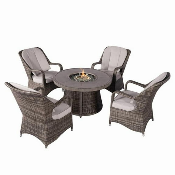 Direct Wicker UBS-G3R521E-009-Grey Outdoor Patio Rattan Wicker Round Firepit Table with Standard Dining Chairs Set, Grey