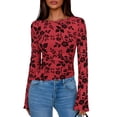 thumbnail image 3 of Women Long Sleeve Floral Mesh Tops Blouse Trendy Boat Neck Ruched Fitted Shirt Going Out Outfits Red M, 3 of 10