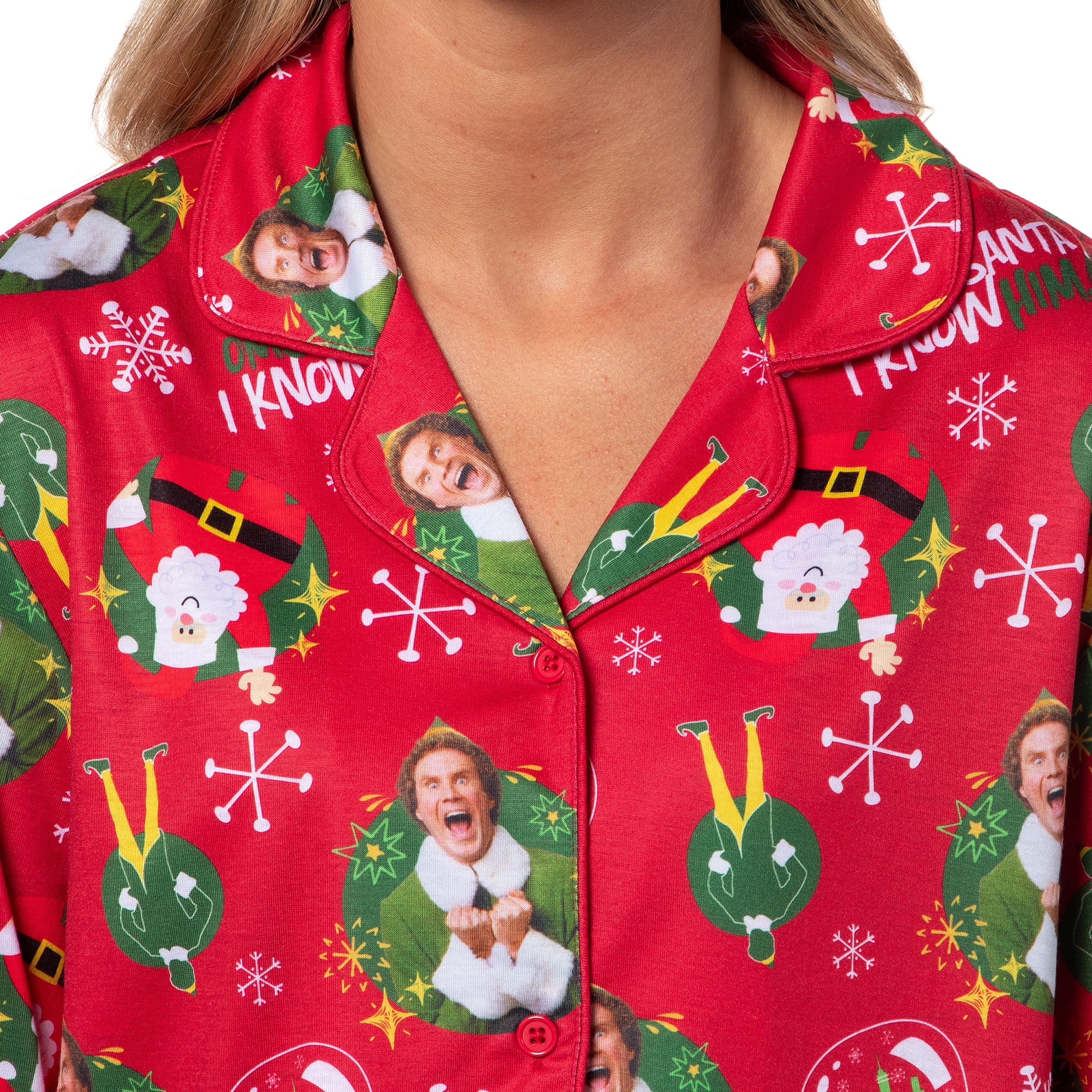 Elf The Movie Women's OMG! SANTA! I KNOW HIM! Christmas Sleep Collared Button Down Long-Sleeve Pajama Set