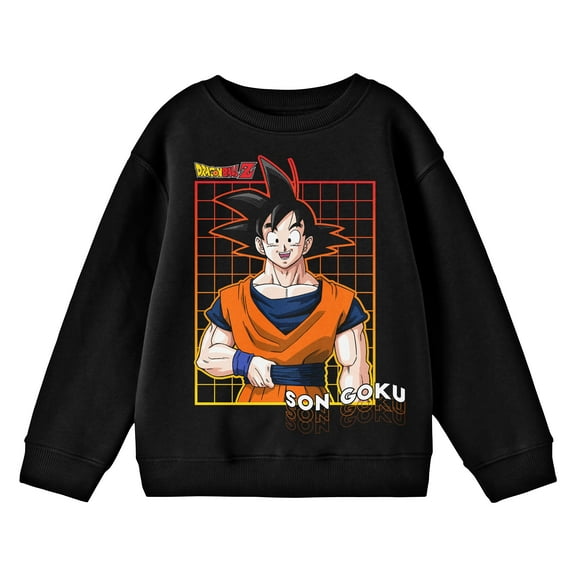 Dragonball Z Goku Character with Black Checkered Background Youth Black Crew Neck Sweatshirt-Large