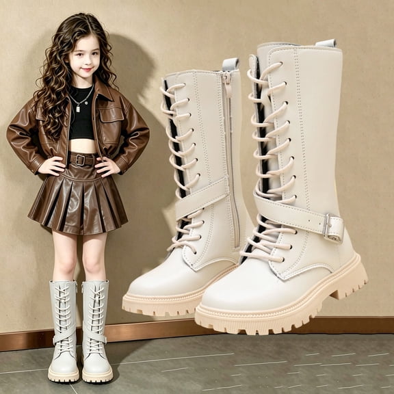 Girls Leather Riding Knee High Boots with Side Zipper Fashion Round Toe Comfortable Low Heel Lace Up Combat Boots Lug Sole Motorcycle Boots Little Kid/Big Kid