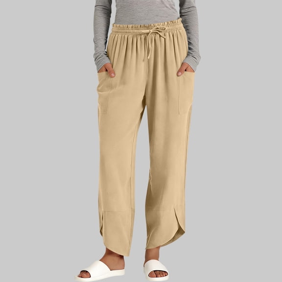 Womens Capris Pants Length Wide Leg Baggy Pants for Women Summer Drawstring Elastic Pants with Pockets Casual Loose High Waisted Flowy Cropped Beach Trousers Khaki XXL