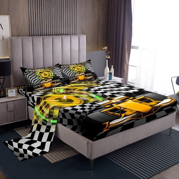 Erosebridal Sport Car Sheet Set Twin,Buffalo Plaid Bedding Sets Twin Size,Extreme Sport Twin Sheet Sets,Microfiber Car Room Decorative,3pcs