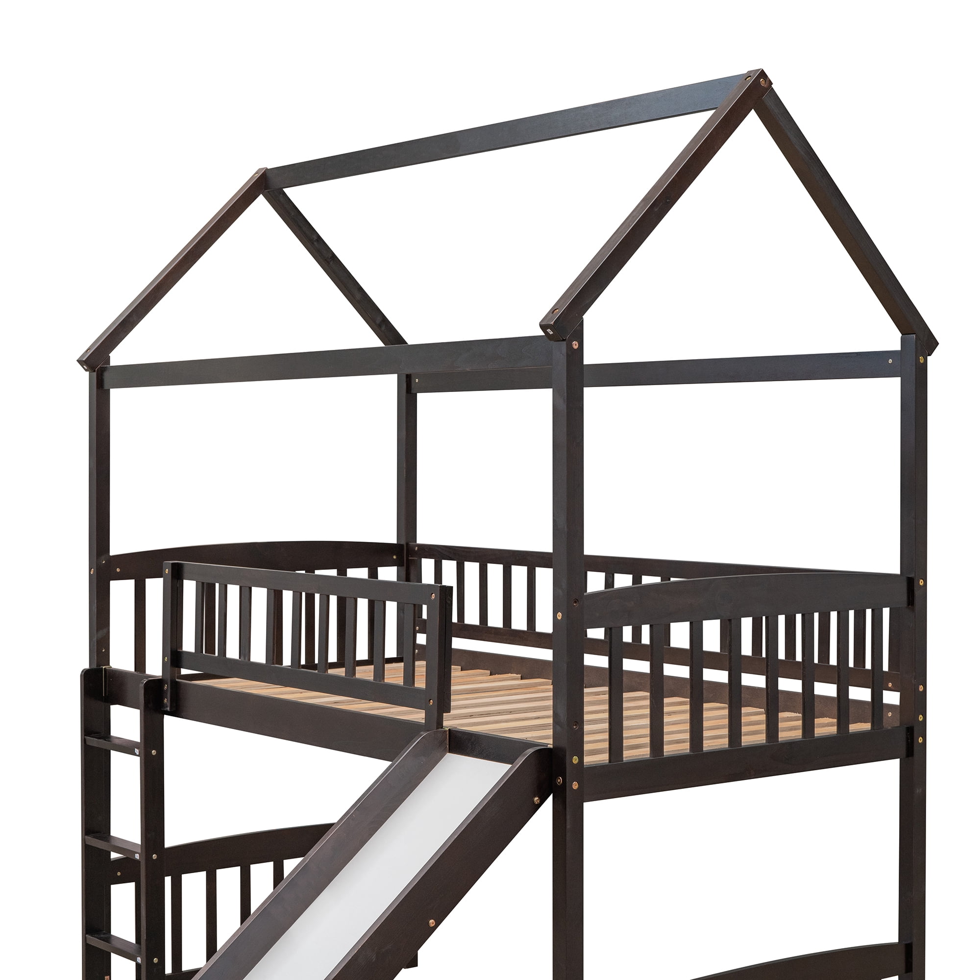 Aukfa Twin Loft Bed with Slide, House Bed with Headboard for Kids Teens Adults - Espresso