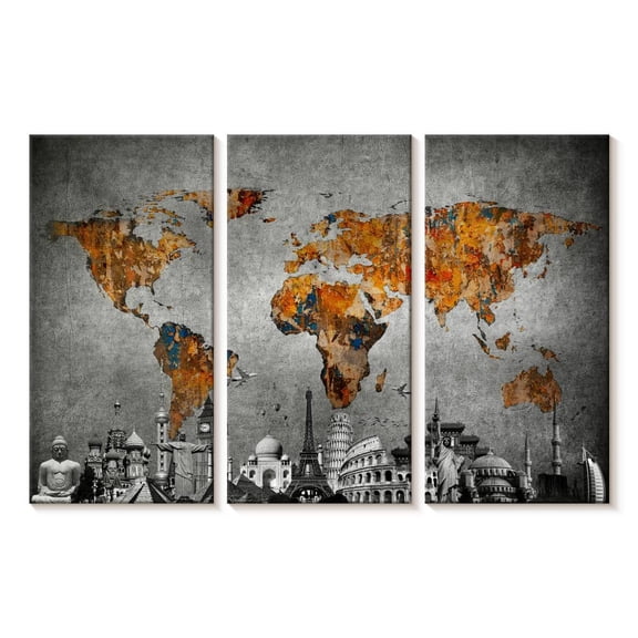 Elephant Stock Colorful World Map Masterpiece I Wall Art - Horizontal Multi Panel Canvas - Living Room Wall Decor - Map Multi Panel - Brown And Gray Decor - 23" x 14"