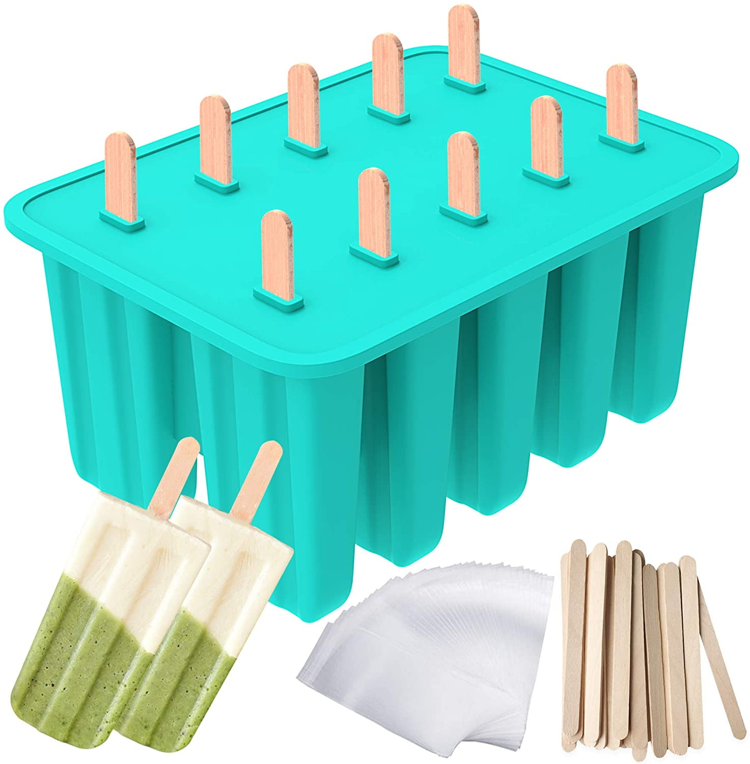 Popsicle Maker with 50 Wooden Sticks & 50 Popsicle Bags 4 Cavities Ice Pop Molds for Homemade Popsicles Ozera 2 Pack Silicone Popsicle Molds for Kids 