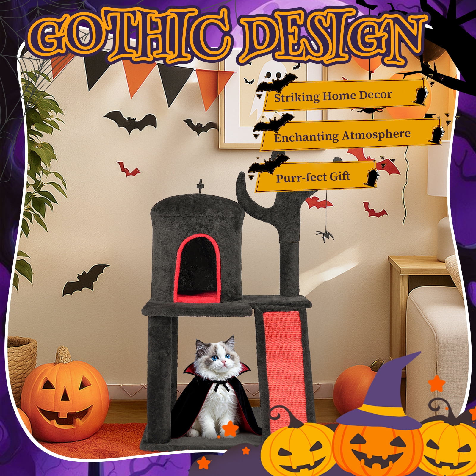 Zimtown 2-Level Halloween Cat Tree, Black & Red Pet Furniture with Scratching Post & Hideout