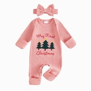 Xyant My First Christmas Baby Girl Outfit Newborn Onesie Embroidery Long Sleeve Romper Headband Fall Winter Clothes,Size 0-3 Months