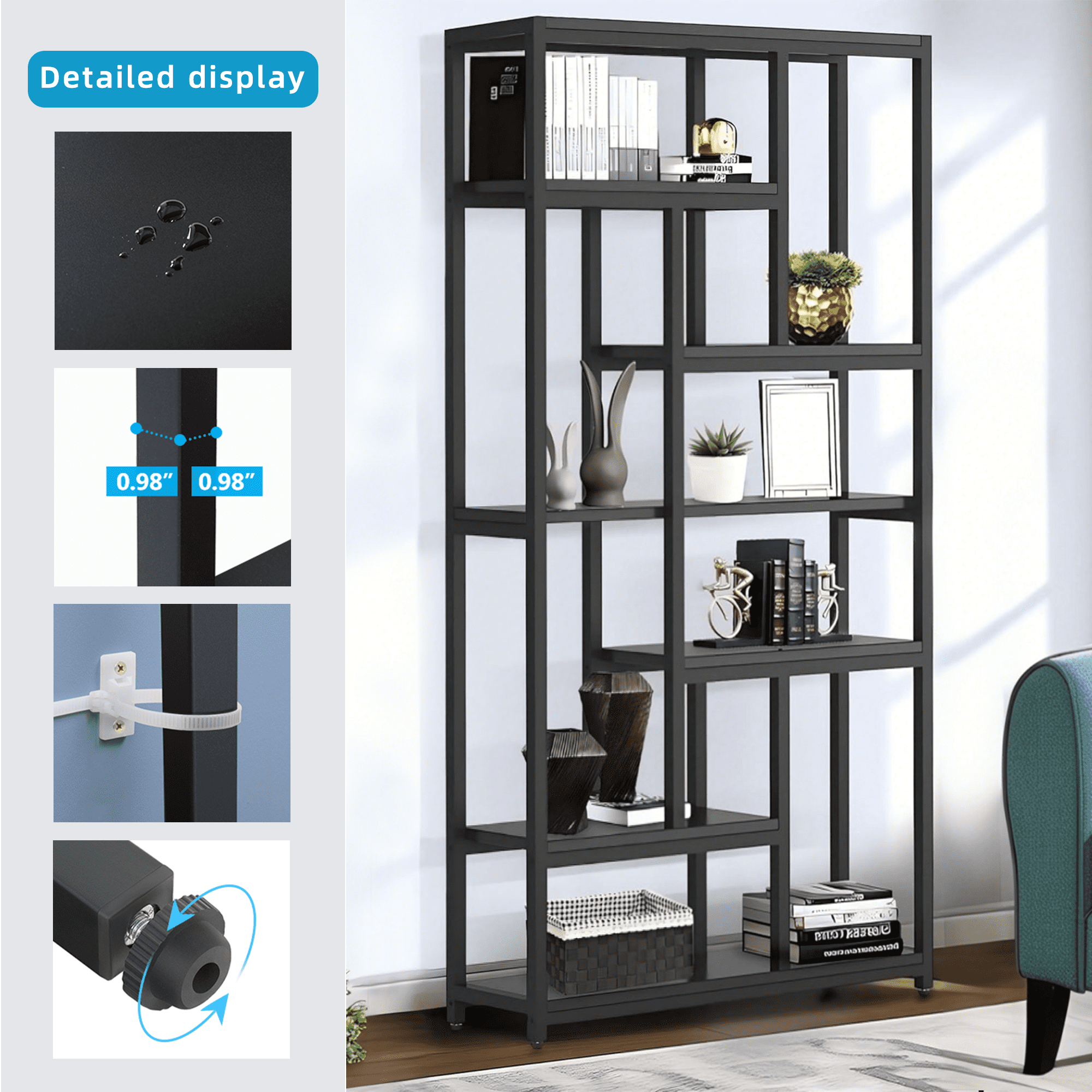 MAYEERTY Industrial Extra Tall Bookcase, 79 Inch 10 Open Staggered Storage Shelves with Anti-Tip Accessories for Living Room & Office