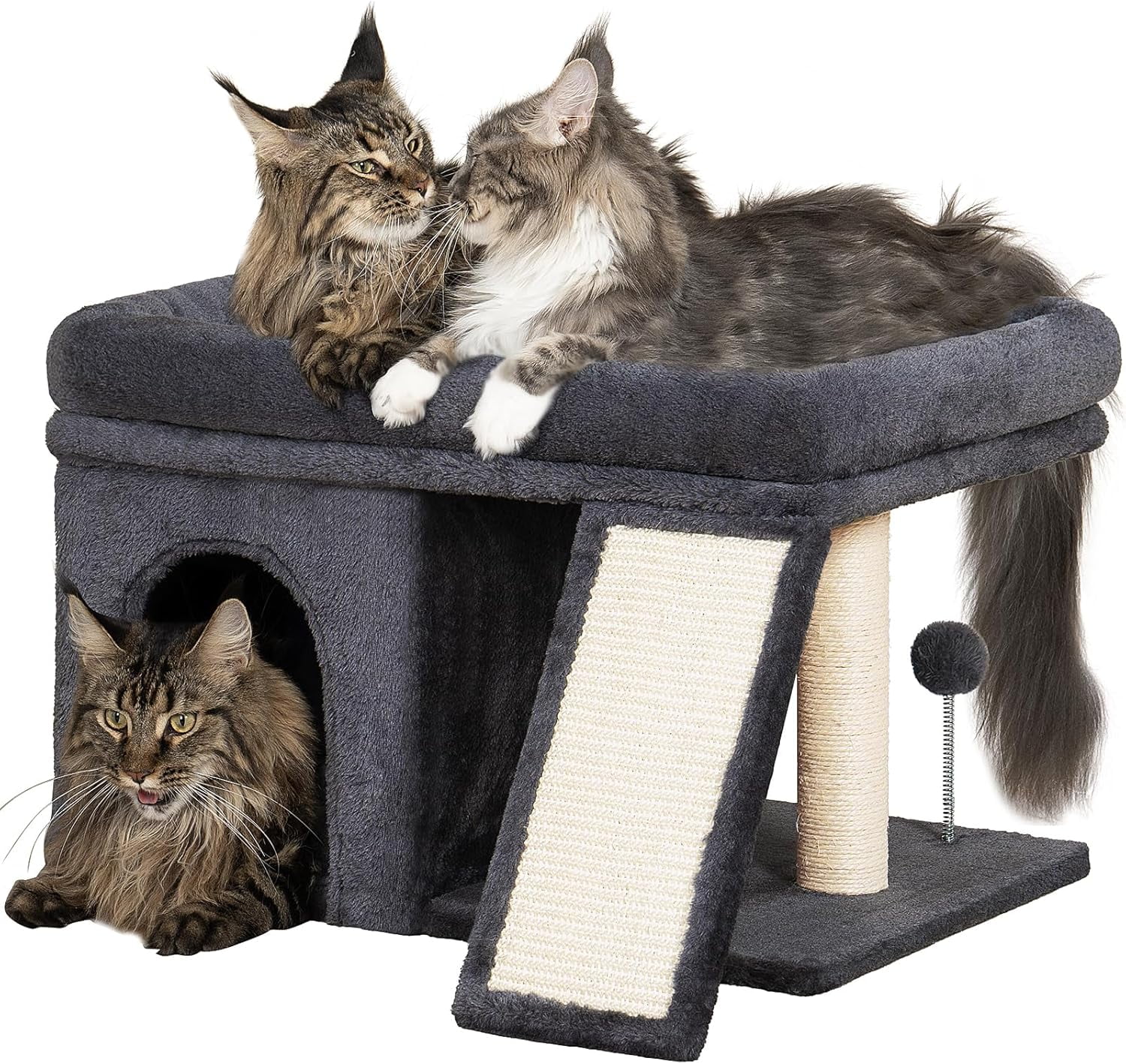 24in Cat Tree Tower with Scratching Post, 19 * 16.5in Window Perch Bed for Large Adult Cats, 2 Small Condo Cubbies for Indoor Kittens, Light Gray