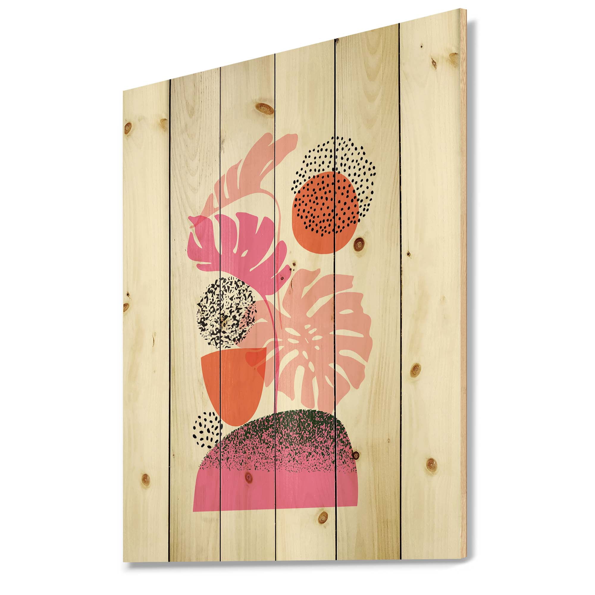 Designart 'Geometric Sun and Moon Shapes With Tropical Leaves' Modern Print on Natural Pine Wood