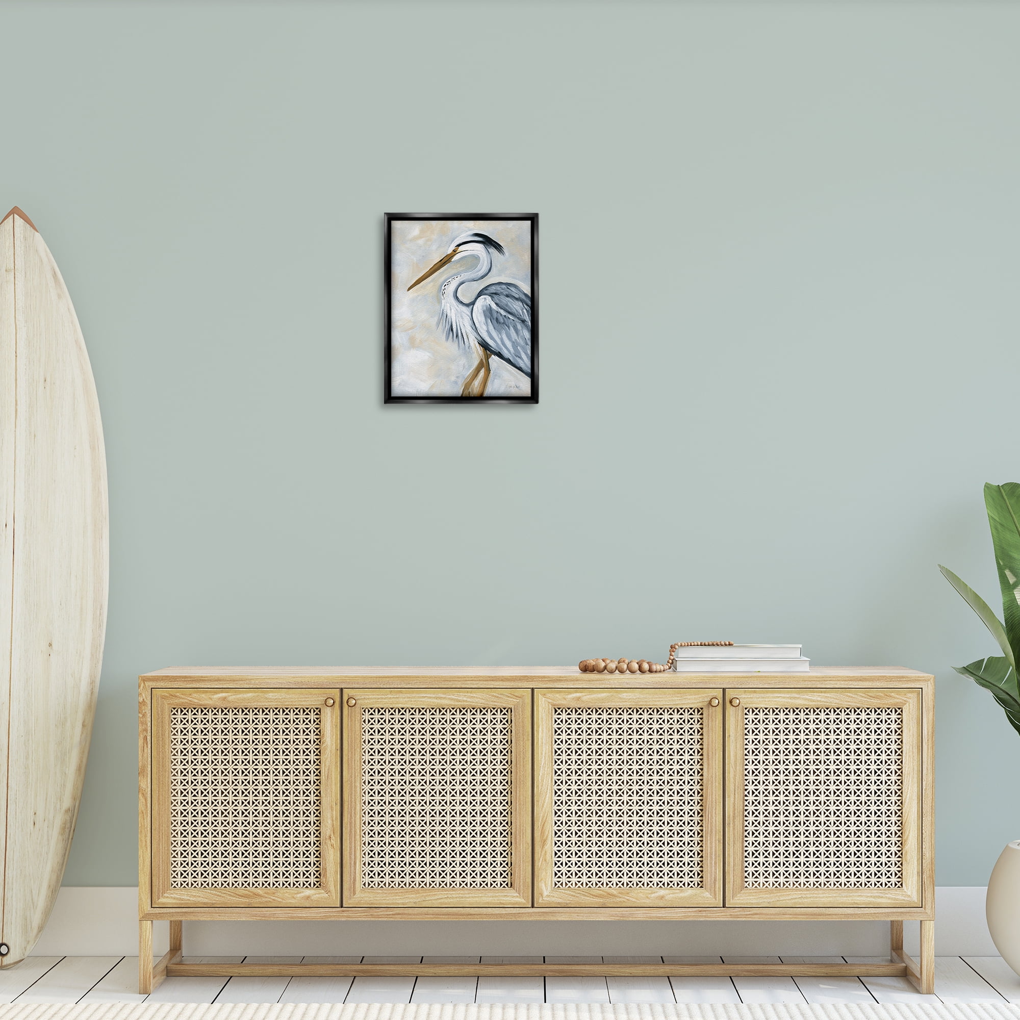 Stupell Industries Muted Blue Heron Animals & Insects Painting Black Floater Framed Canvas Art Print Wall Art, 17 x 21