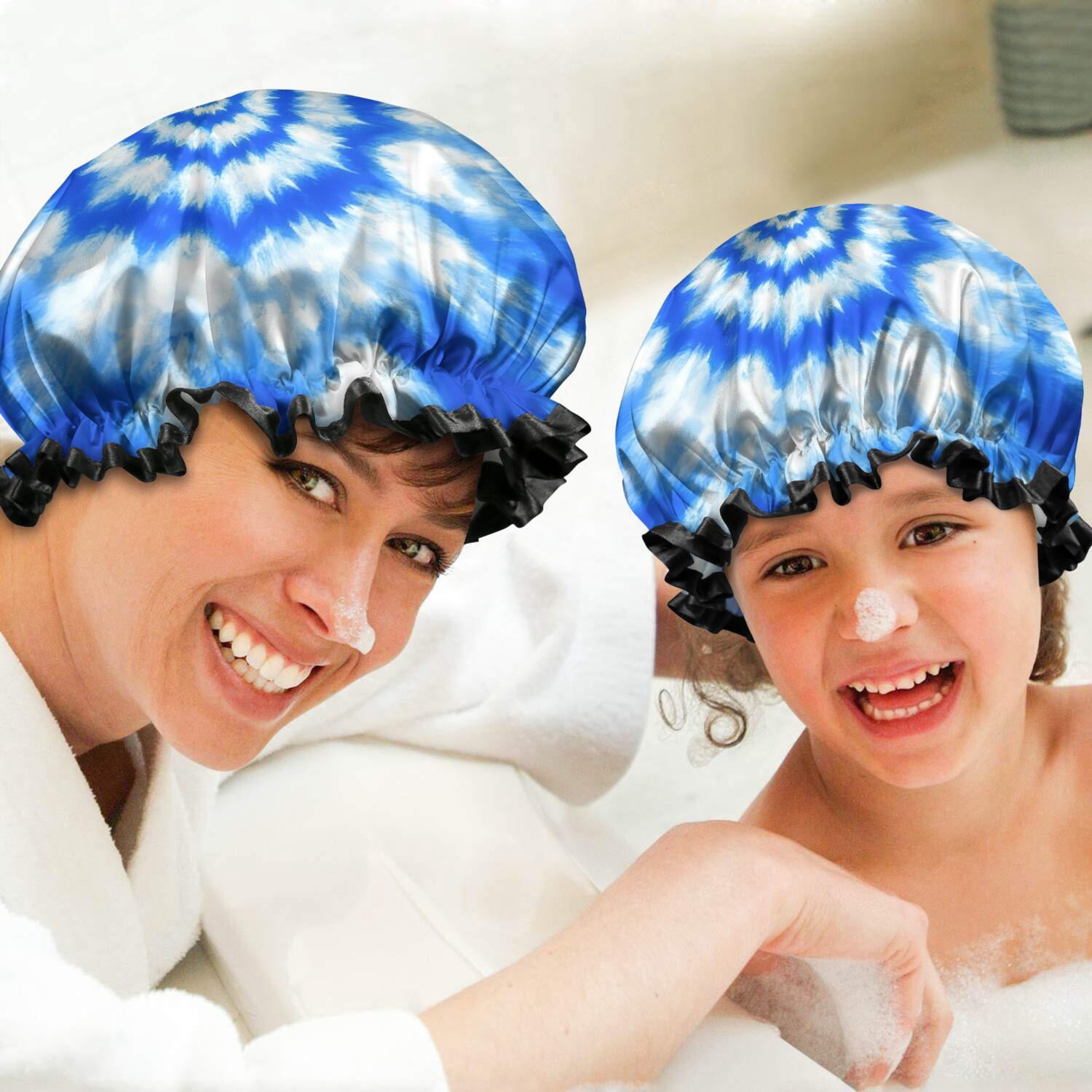 Shower Caps,Blue Tie Dye Mandala Pattern Waterproof Shower Cap for Women 4 Pieces,Double Reusable Hair Cover for Shower PEVA Elastic Stretch Hem