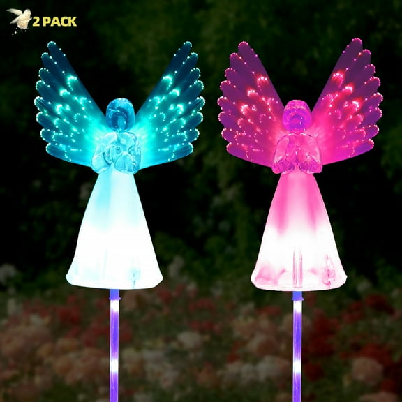 Rirool 2-Pack Solar Angel Lights, Color Changing Outdoor Garden Stake Lights for Cemetery, Patio, Yard, Memorial Gift - Solar Powered, No Wiring Needed, Weather Resistant