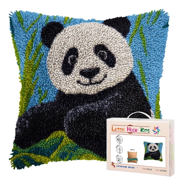 DIY Latch Hook Pillow Kits Black and White Panda Printed Pillowcase Crochet Yarns Hooking Handmade Pillow Cover Cushion for Home Sofa Decoration 17x17inch-3