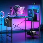 Bestier Gaming Desk with LED Lights, 44 Computer Desk with Reversible Shelves, PC Gamer Desk with Side Storage Bag, Hooks and Height Adjustable Shelf for Home Office, Carbon Fiber Black