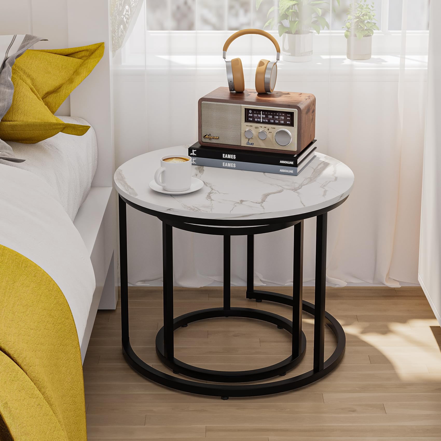 Semiocthome Modern Nesting Coffee Table Set,End Table for Living Room, 23.6" W, White,Marble Pattern