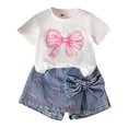 thumbnail image 3 of JCCXIN Girls Summer Outfit Sets Cute Bow Print T Shirt With Denim O-Neck Tops Shorts Two Piece Toddlers Kids Comfort Clothes Sets, 3 of 8