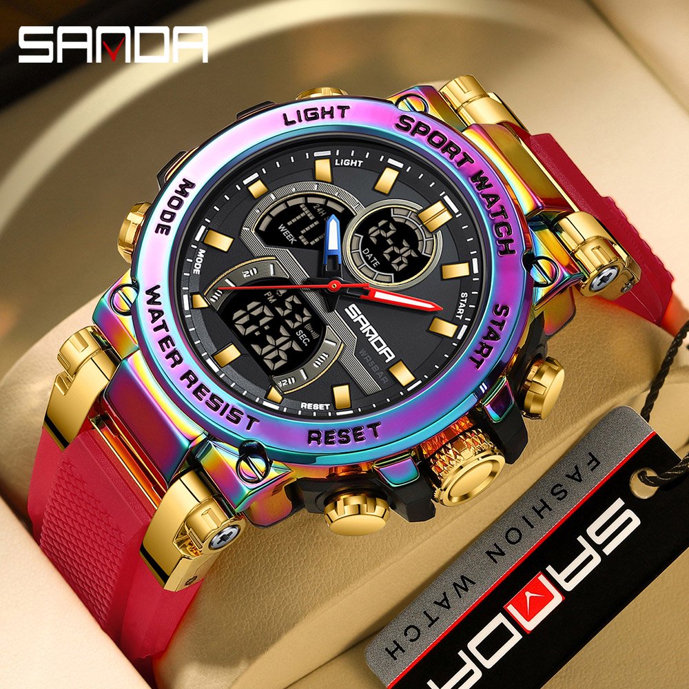 SANDA Top Brand Men's Watch Outdoor Sports Dual Display Quartz Wrist watch Waterproof Chronograph Stopwatch G Style Male Clock 6183