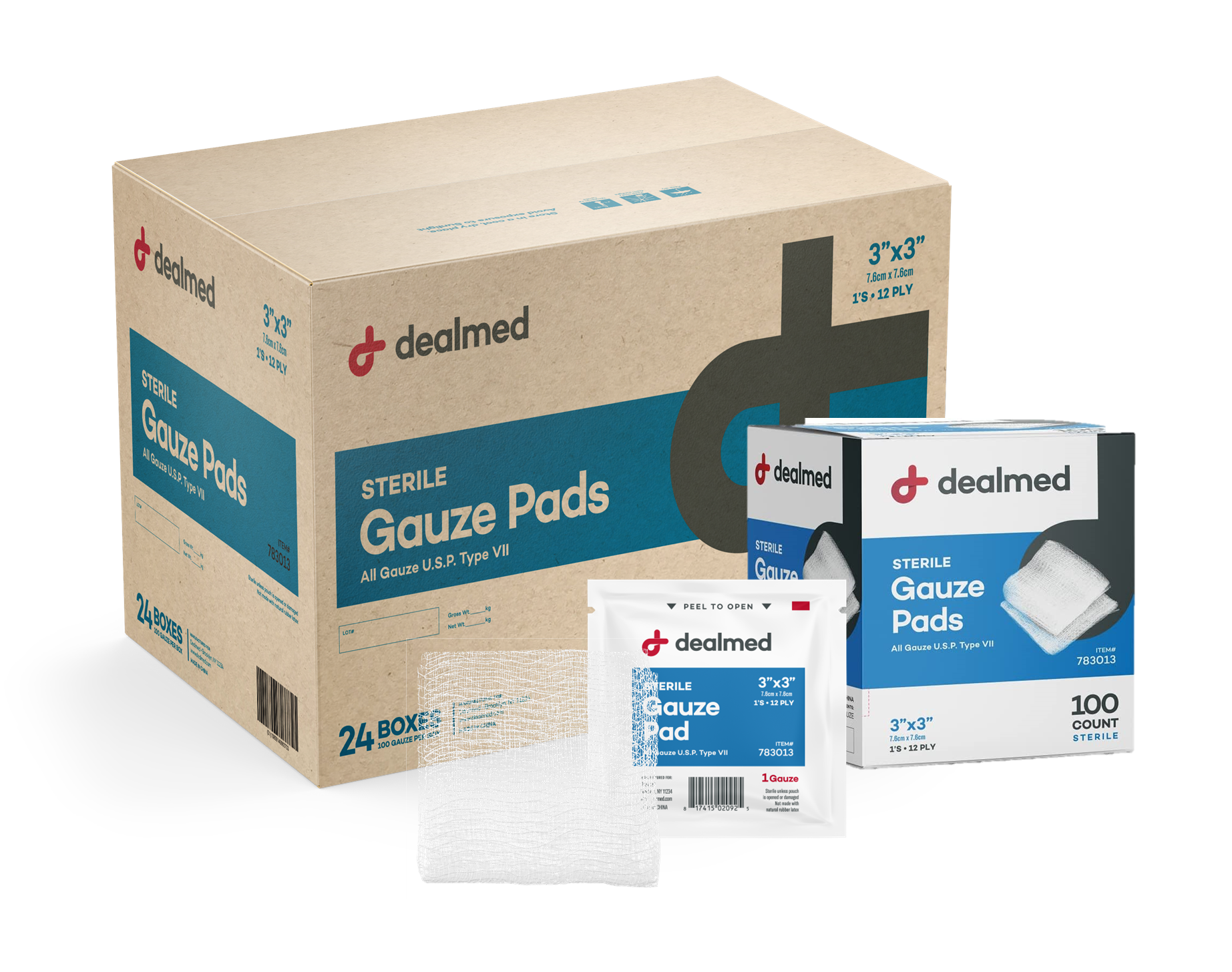 Dealmed Sterile Gauze Pads 100 Count, 3’’ x 3’’ Disposable and