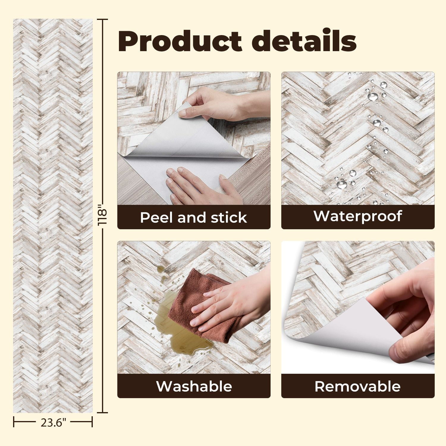 Vintage Peel and Stick Wallpaper Rustic Whitewashed Wood Herringbone Wall Mural 23.6in x 9.8ft Self Adhesive Removable Wall Paper Renter Friendly Wallpaper for Nursery Bedroom Cabinets