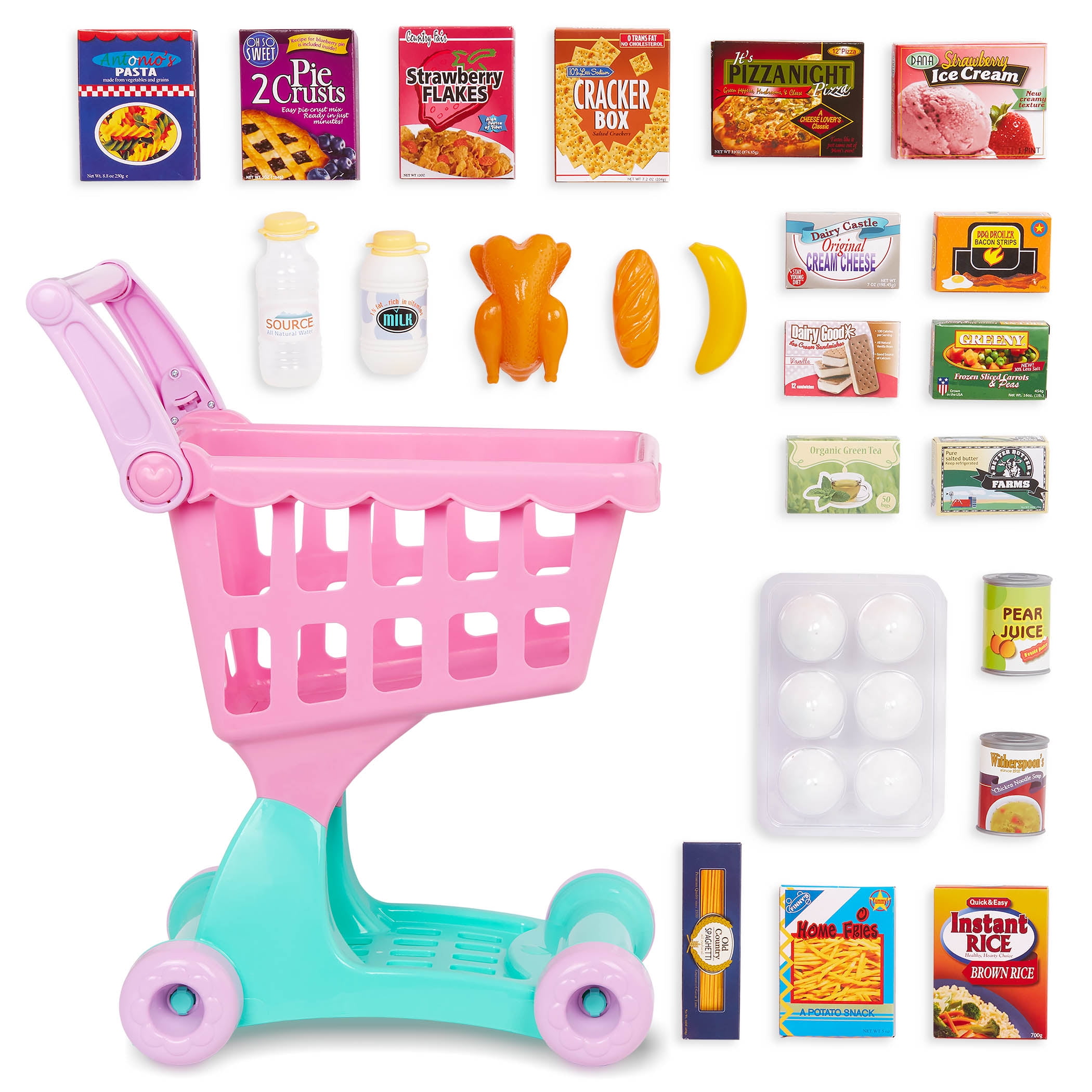 Battat Shopping Day Grocery Cart with 25+ Plastic Play Food Pieces, Toddler and Preschool Toys