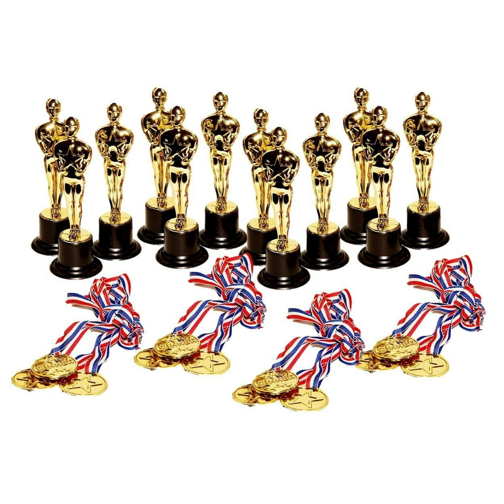dazzling toys Set of 12 Golden Plastic Award Figure Trophies and 12 Medal Necklaces Walmart