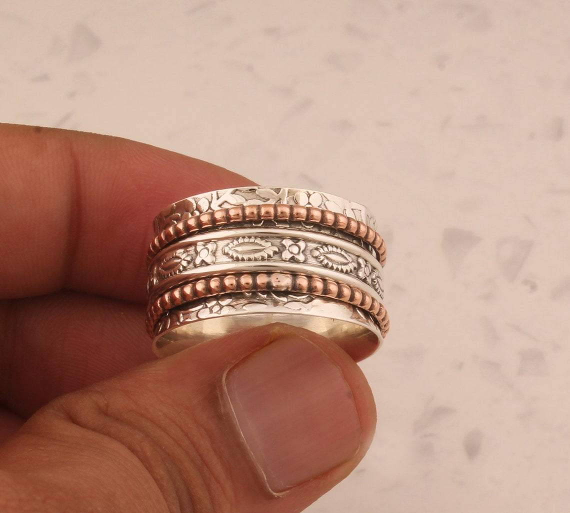 SS DESIGNS- Sterling Silver Spinner Ring | Handmade Two-Tone Silver Meditation Fidget Ring for Stress Relief | Mixed Metal Thumb Band 925