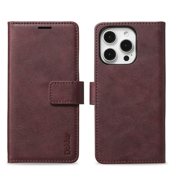 Case for iPhone 16 Pro, PU Leather Folio Wallet Case with Detachable Magsafe Back Case, Kickstand Magnetic Closure Card Slots Full Body Protection Classic Business Men Women - Red