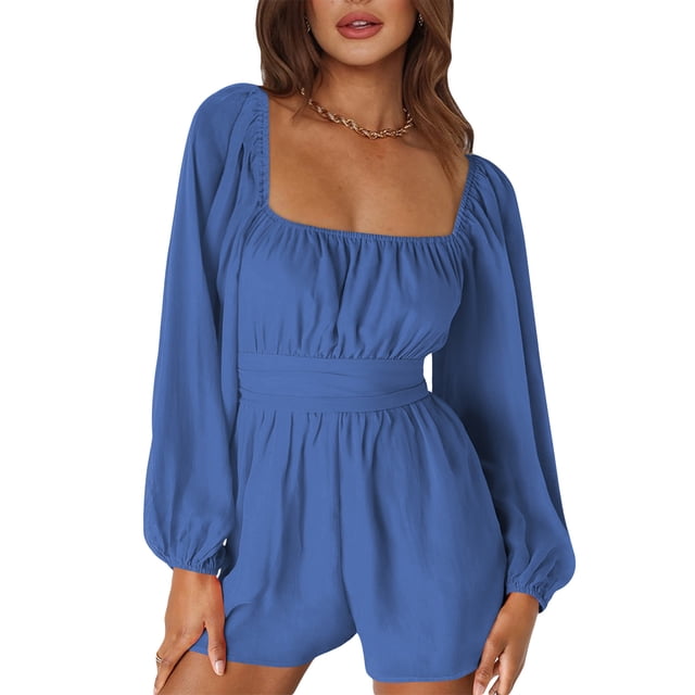 TRKIYQC Mono Suelto para Mujer, Mono Corto De Manga Larga con Cuello Cuadrado, Color Sólido, Sin Espalda, Vendaje, Primavera, Verano, Calle TRKIYQC moda