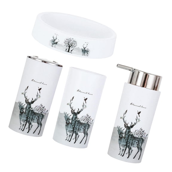 Pack of 4 Deer Print Bathroom Organizer Set with Toothbrush Holder Cup Soap Tray and Liquid Dispenser for Home Bathroom