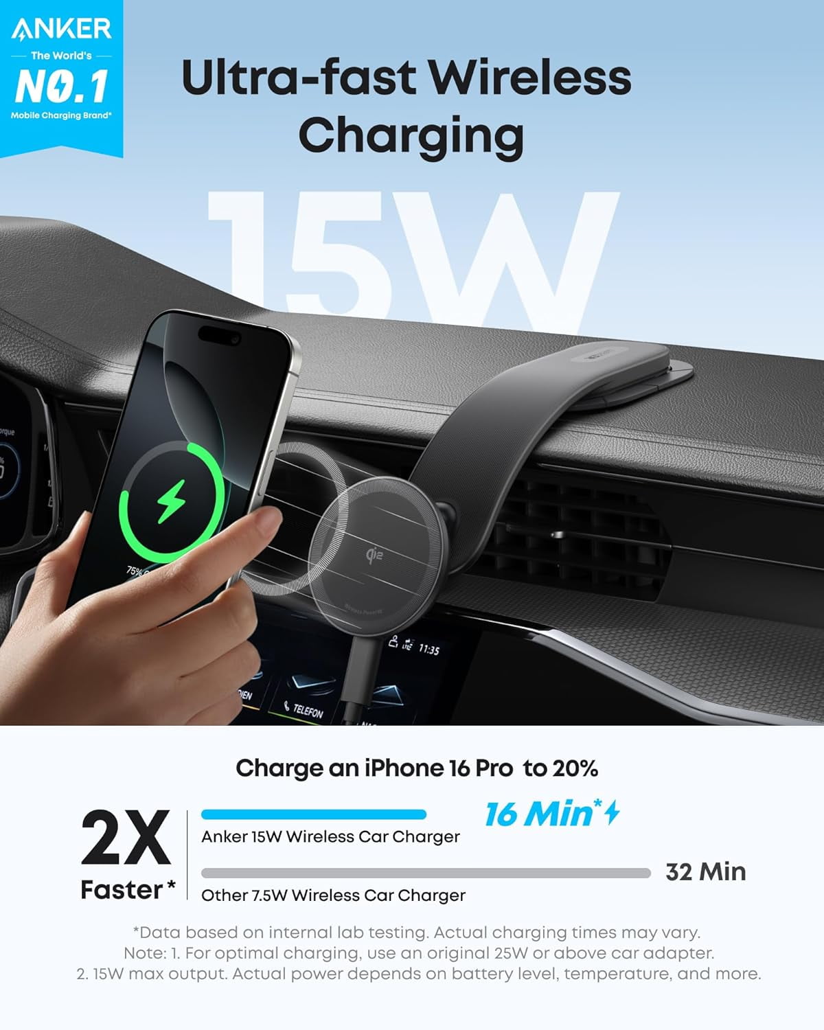 Anker Nano Magnetic Wireless Car Charger, 360° Adjustable Mount Car Charger with Detachable Pad