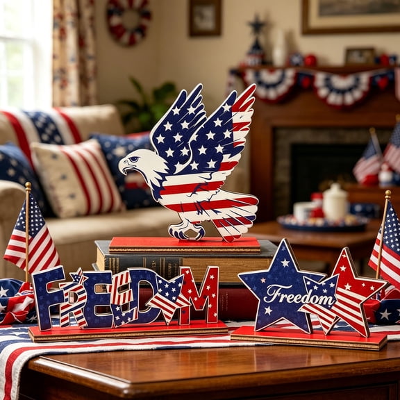 Patriotic Table Decor, 3 Pieces Patriotic Wooden Table Decorations Independence Star Raptor Sign 4th of July Independence Day Tiered Tray Decor
