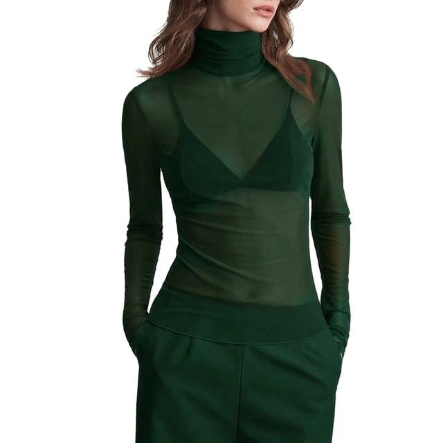 Women's High Neck Mesh Long Sleeve Base Layer Slim Fit Thermal Undershirt Lightweight Layering Top