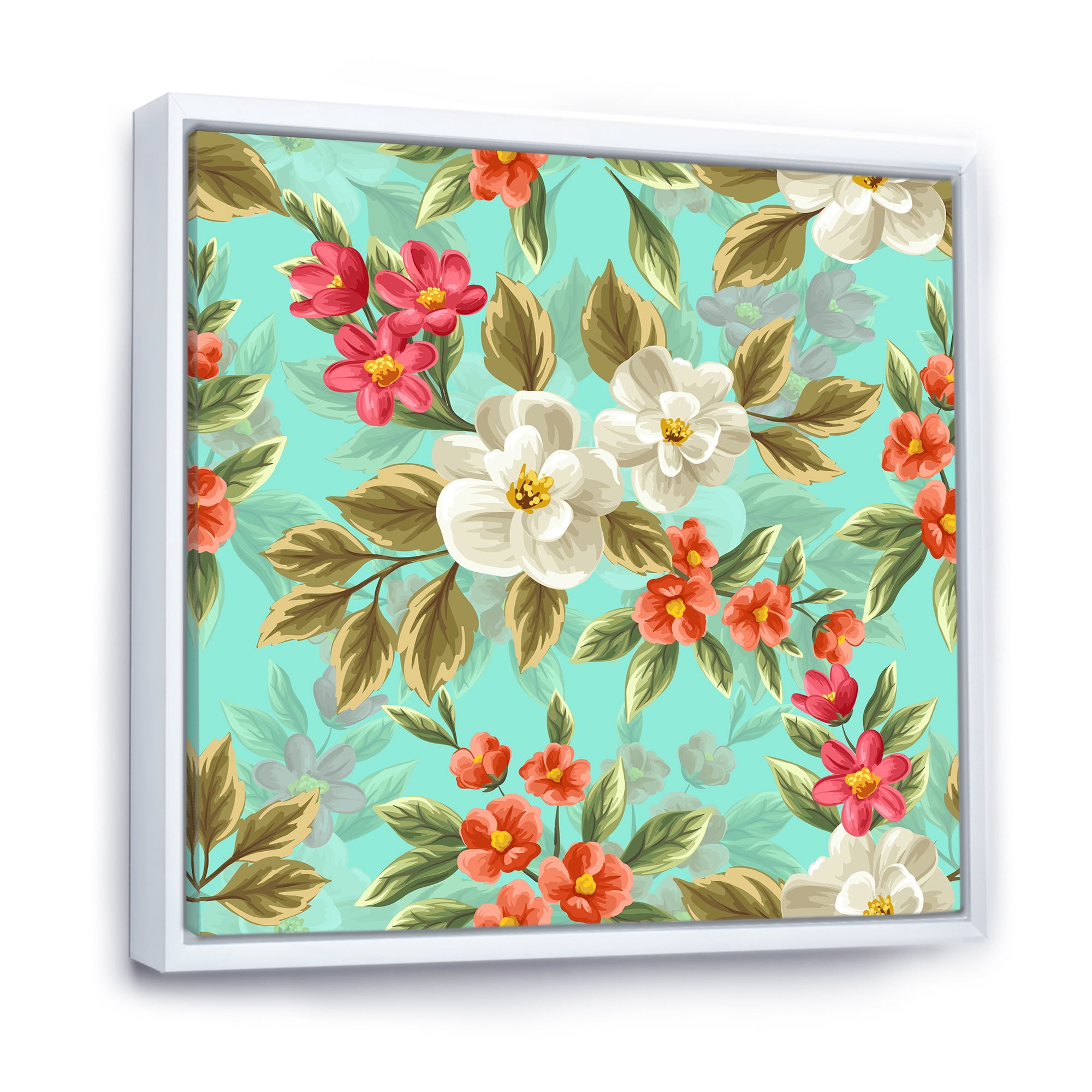 Red and White Floral Seamless Pattern 16 in x 16 in Framed Painting Canvas Art Print, by Designart