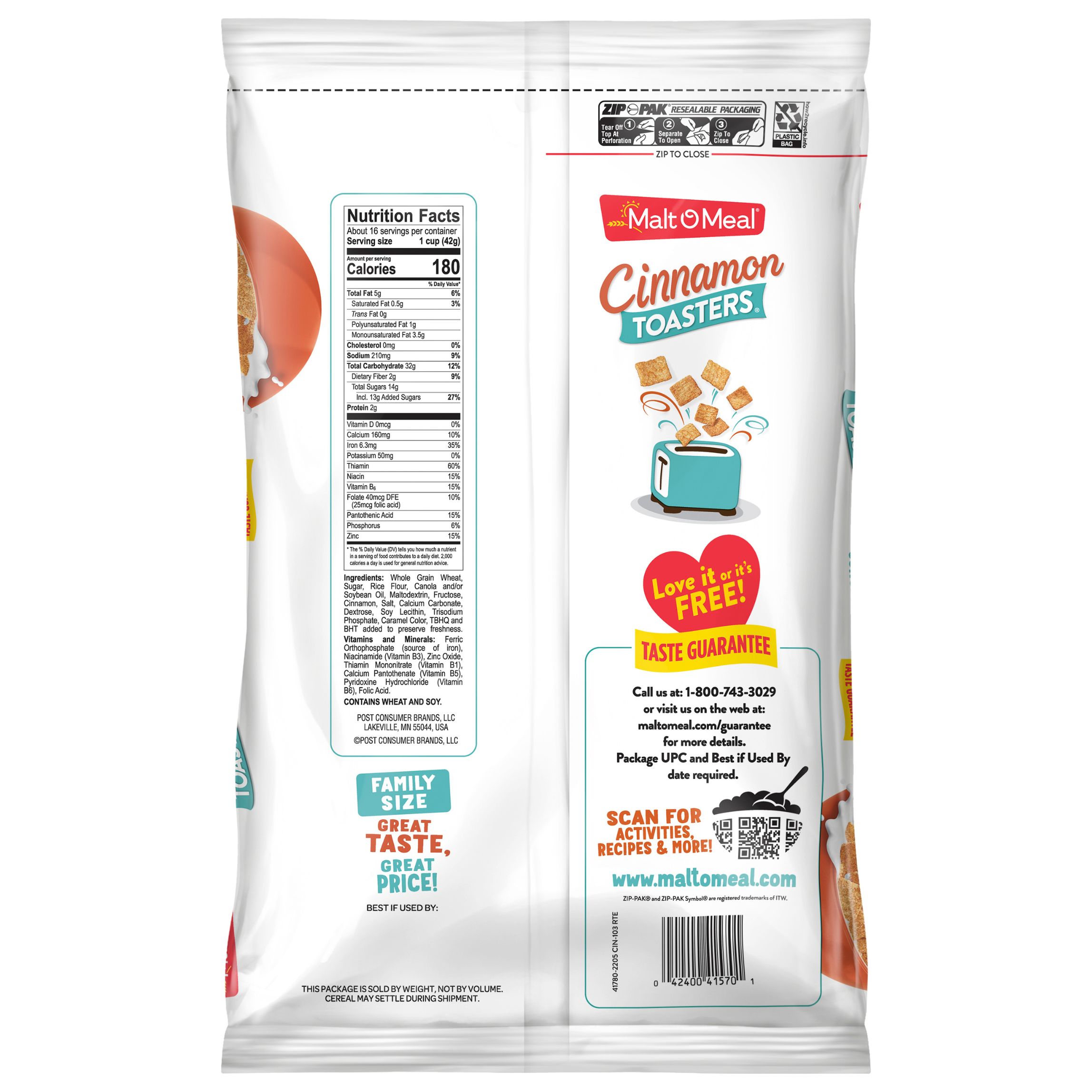 Malt-O-Meal, Cinnamon Toasters Breakfast Cereal, Family Size 24 oz Plastic Bag