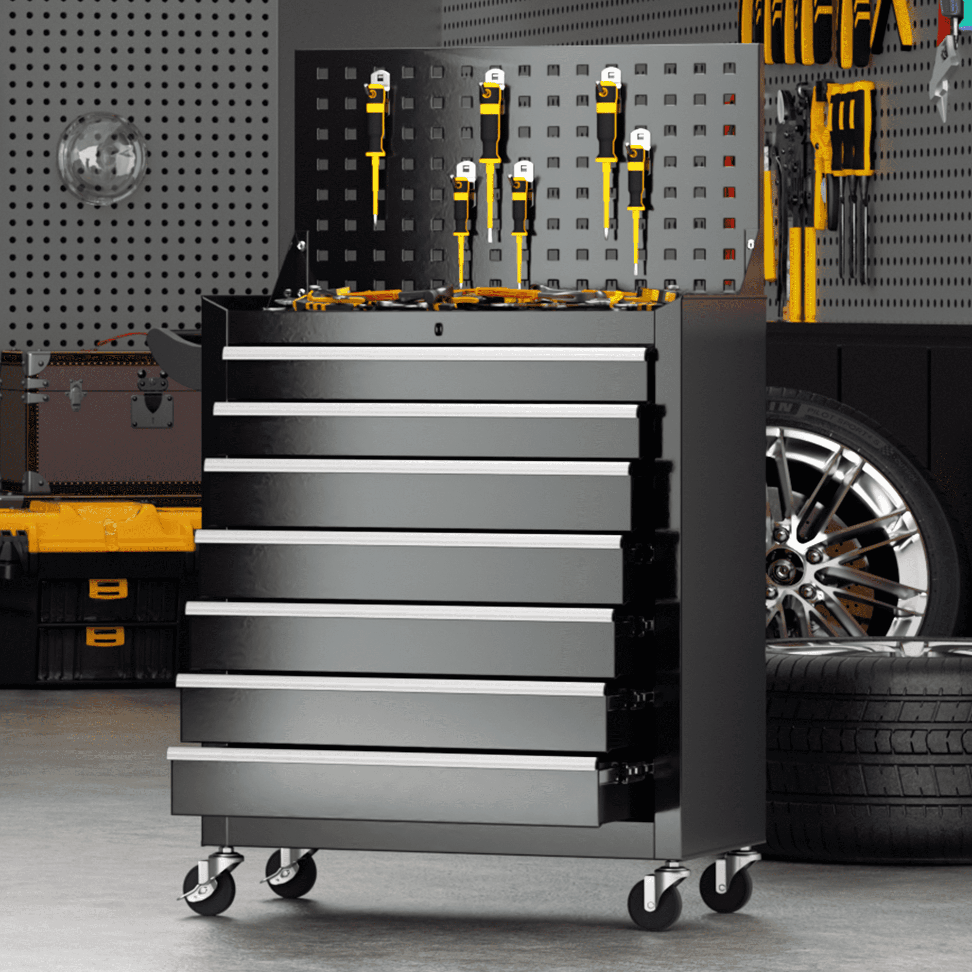 SUNCROWN 7-Drawer Metal Tool Chest with Pegboard, Rolling Tool Cart with Wheels, Tool Box,Liners and Locking System for Garage,Warehouse,Workshop, Barbershop(Black)