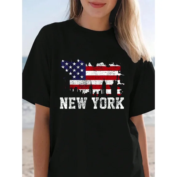New York City Skyline American Flag T-Shirt Patriotic NYC Souvenir Graphic Tee for Adults